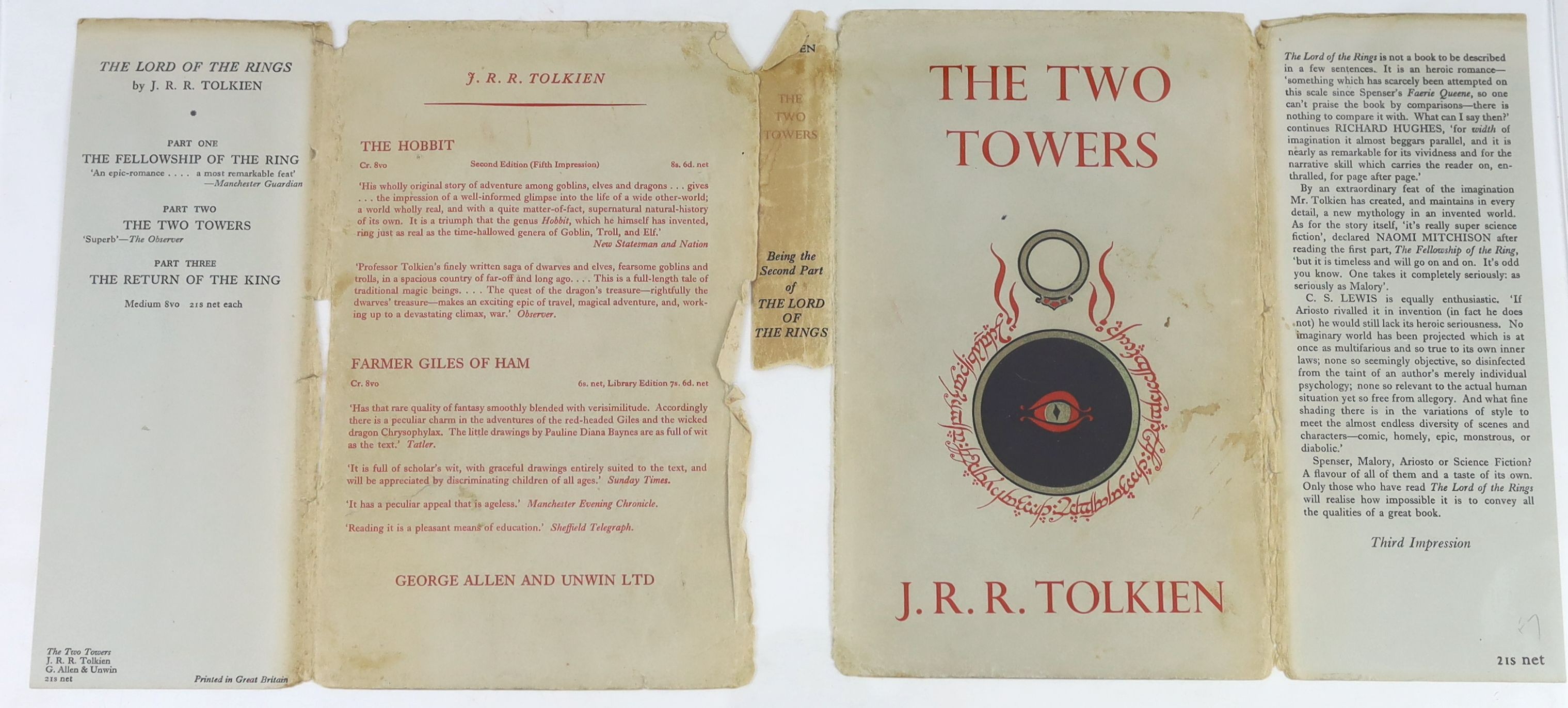 Tolkien, John Ronald Reuel - The Lord of the Rings, 4th impressions of The Fellowship of the Ring, in slightly torn and discoloured d/j, and The Two Towers, d/j torn in half and with 50% loss to spine, ownership inscript